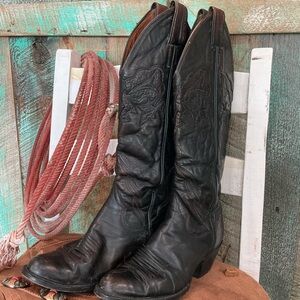 Vintage Sanders Cowboy Boots Distressed Black Leather, Mens 6.5 Womens 7.5-8